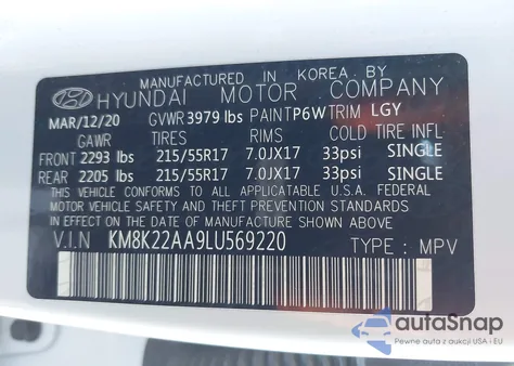 2020 Hyundai Kona Sel z USA, uszkodzony, nr VIN KM8K22AA9LU569220